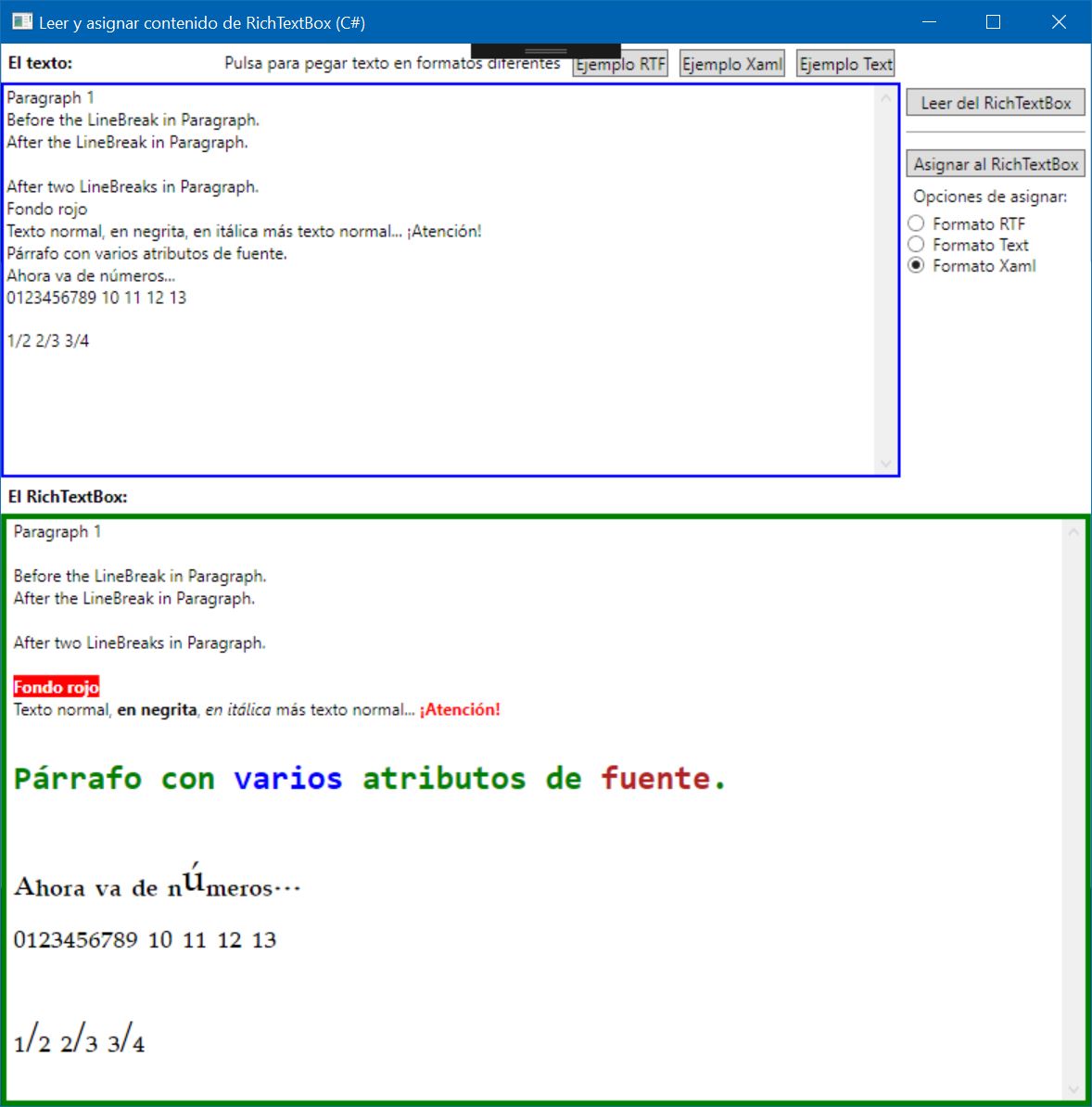Figura 2. La aplicación en funcionamiento mostrando el código de ejemplo usado para el formato XAML.
