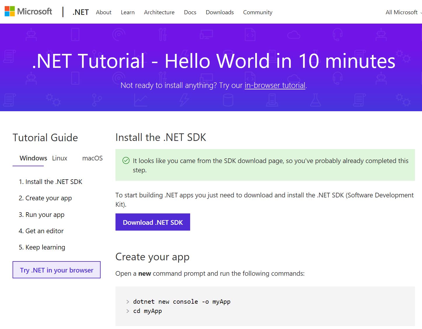 Figura 2. El tutorial con el botón de Try .NET in your browser