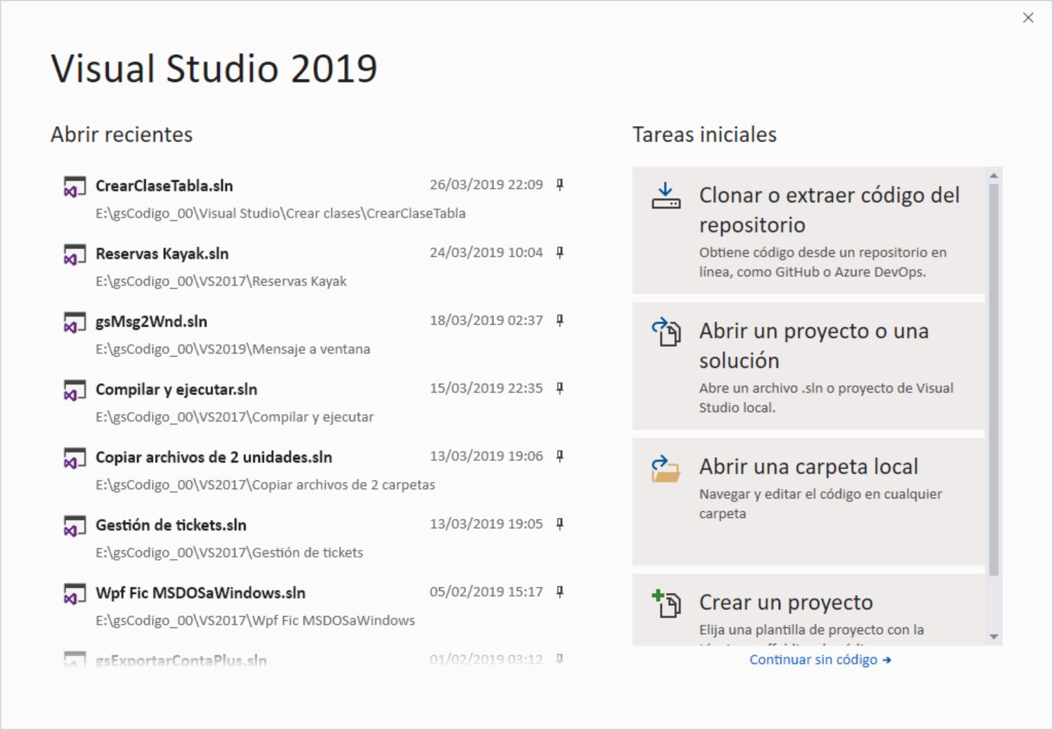 La pantalla de inicio de Visual Studio 2019